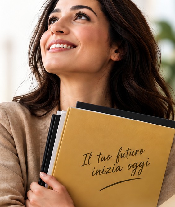 Donna sorridente che stringe al petto un quaderno con la scritta “Il tuo futuro inizia oggi”